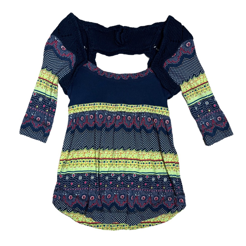 Free People Boho Floral Mixed Pattern Crochet 3/4 Length Sleeve Top